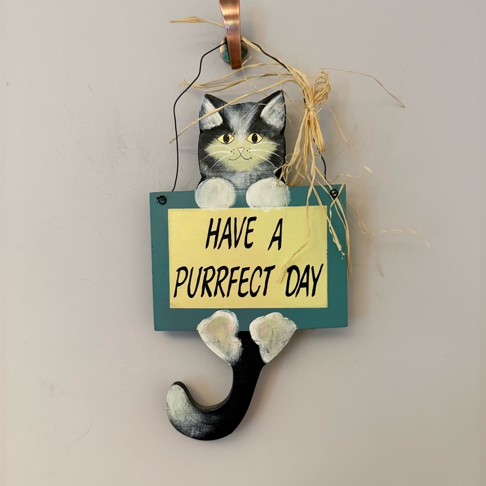 Cute Cat Have a Purrfect Day black and white cat wood wall hanging.